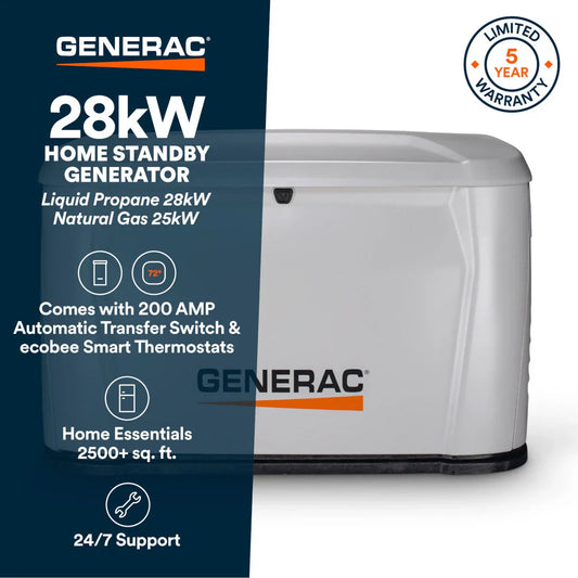 Generac 7329 28kW Standby Generator Propane Natural Gas 1 Phase 240V w/ 200A Automatic Transfer Switch