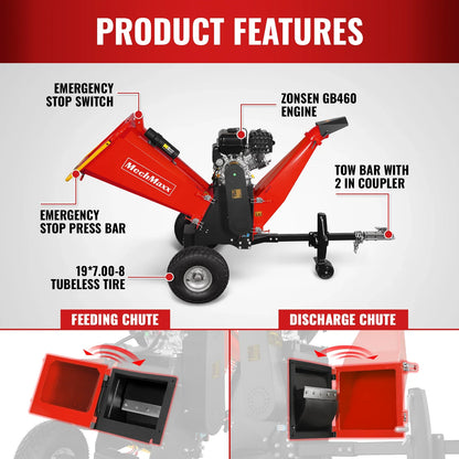 MechMaxx P4206 Wood Chipper 6" Electric Start ZONSEN 420cc 13.4HP Gasoline Engine Powered Drum New