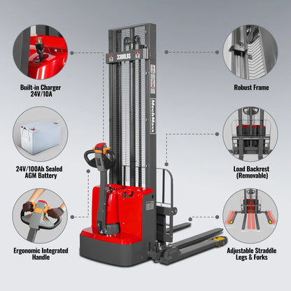 MechMaxx F33-138SLA Stacker 3300 lbs Electric Straddle 138" Lift Adjustable Legs Forks New
