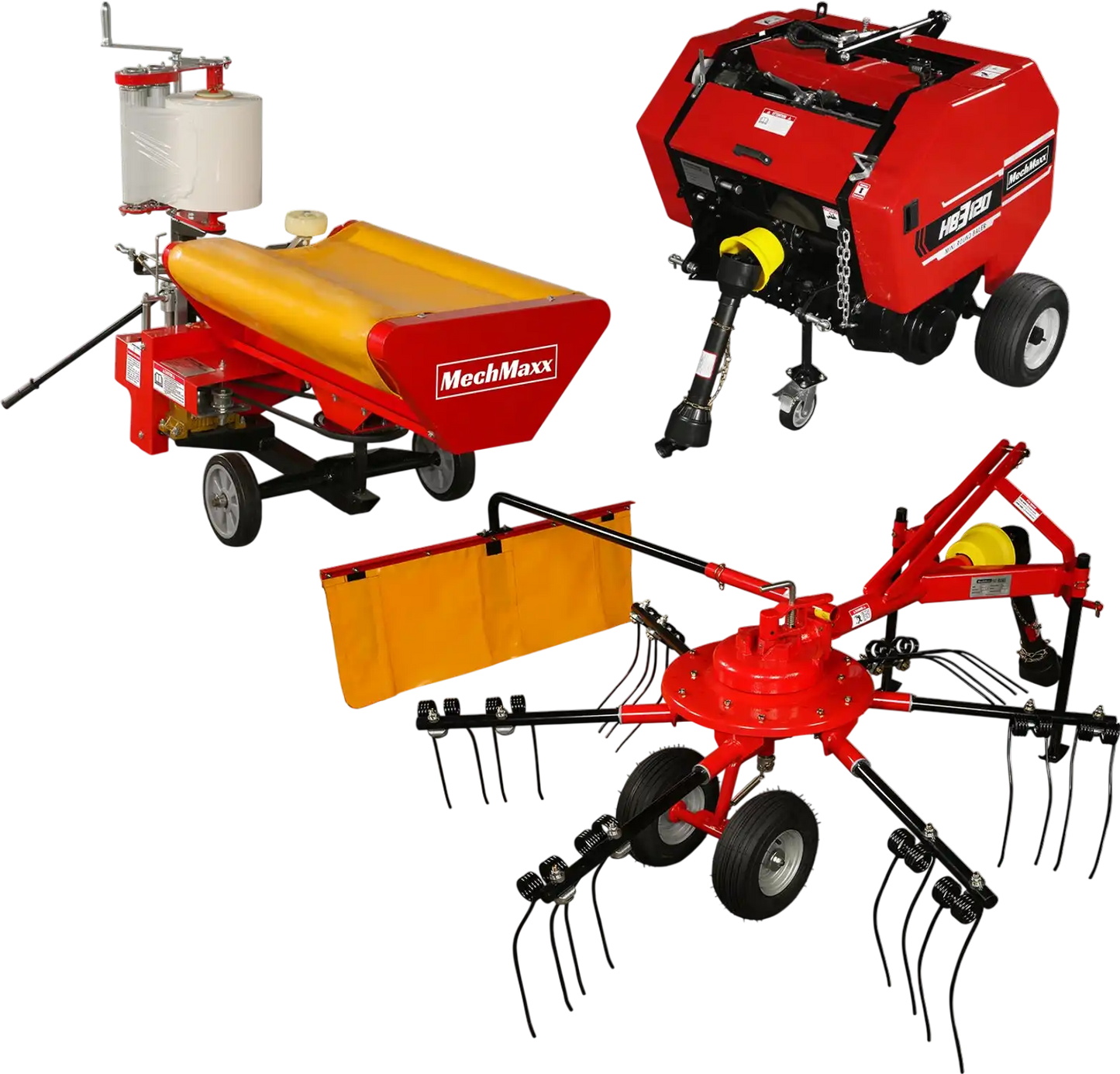 MechMaxx HB3120, HW20, HT100 Hay Equipment Bundles Hay Baler Hay Wrapper Hay Rake Tedder Bundle New