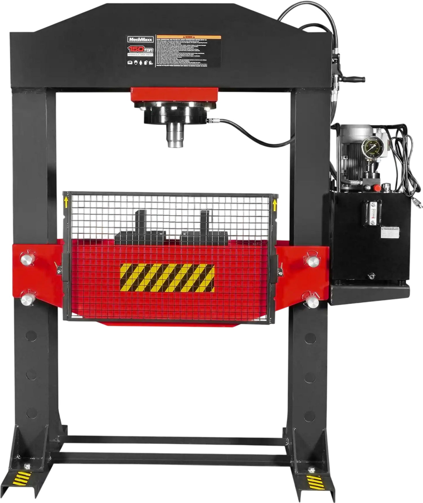 MechMaxx HSP150E Hydraulic Shop Press 150 Ton H-Frame Electric Double-Acting Cylinder Chain-Driven Table Lift 110V Motor Safety Guard New