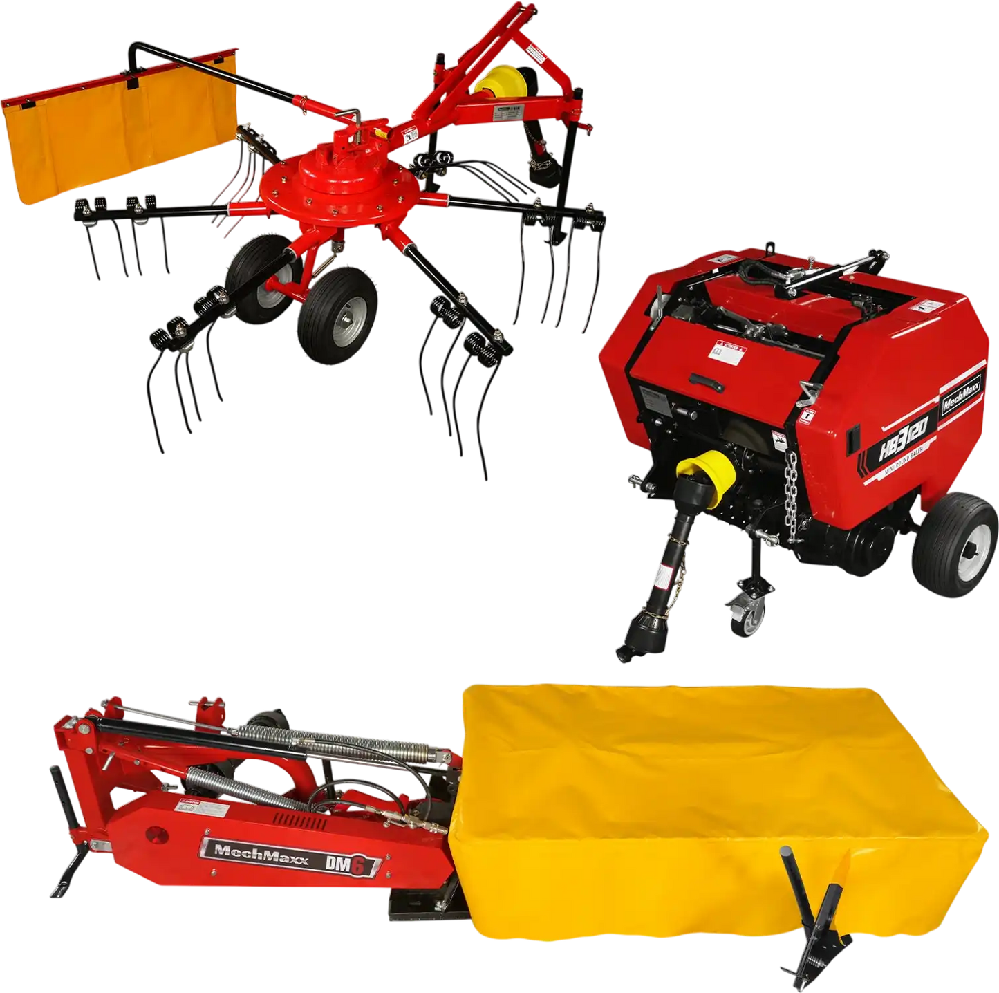 MechMaxx HB3120, HT100, DM6 Hay Equipment Bundle Hay Baler Hay Rake Tedder Disc Mower New