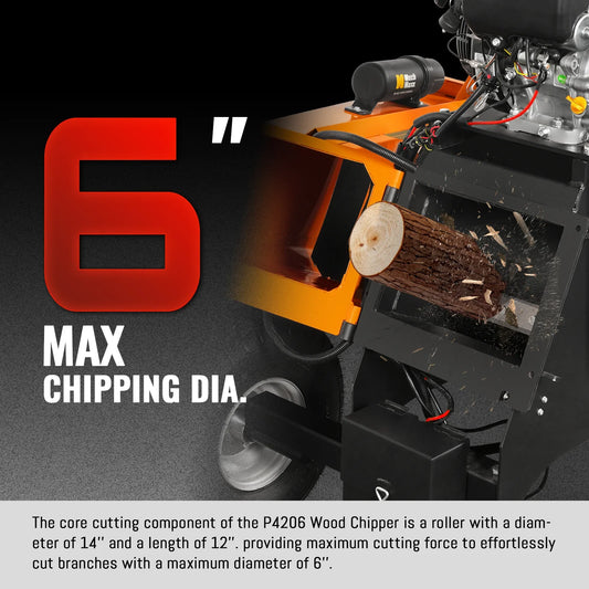 MechMaxx P4206 Wood Chipper 6" Electric Start ZONSEN 420cc 13.4 HP Gasoline Engine Powered Drum New