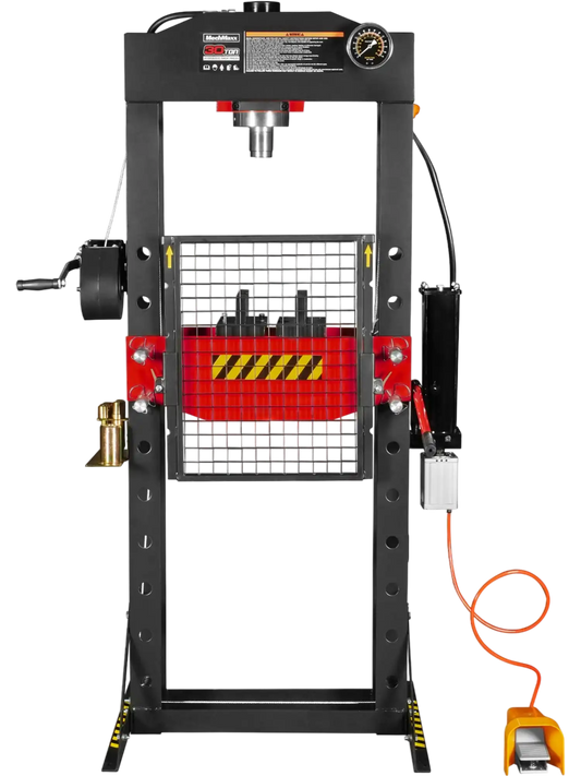 MechMaxx HSP30 Hydraulic Shop Press 30 Ton H-Frame Air/Hydraulic with Hand Winch Press Pin Kit Safety Guard Foot Pedal Control New