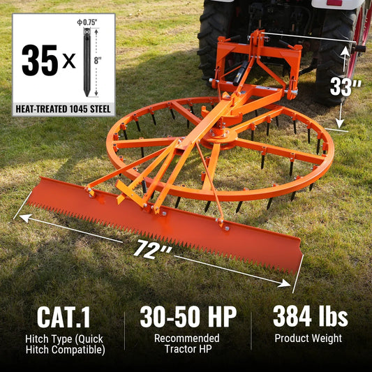 MechMaxx AHG72R Harrow Groomer 72" Arena Spin Harrow Groomer 35 Tines Rake Cat.1 3 Point Hitch Grooming Attachment New