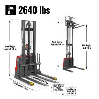 MechMaxx F26-118SLA Stacker 2640 lbs Electric Straddle 118" Lift Adjustable Legs Forks New