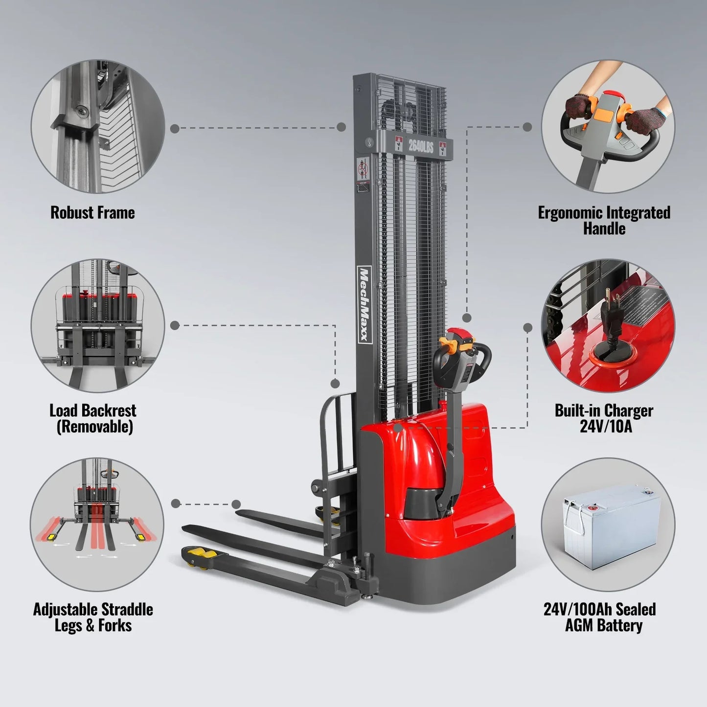 MechMaxx F26-138SLA Stacker 2640 lbs Electric Straddle 138" Lift Adjustable Legs Forks New