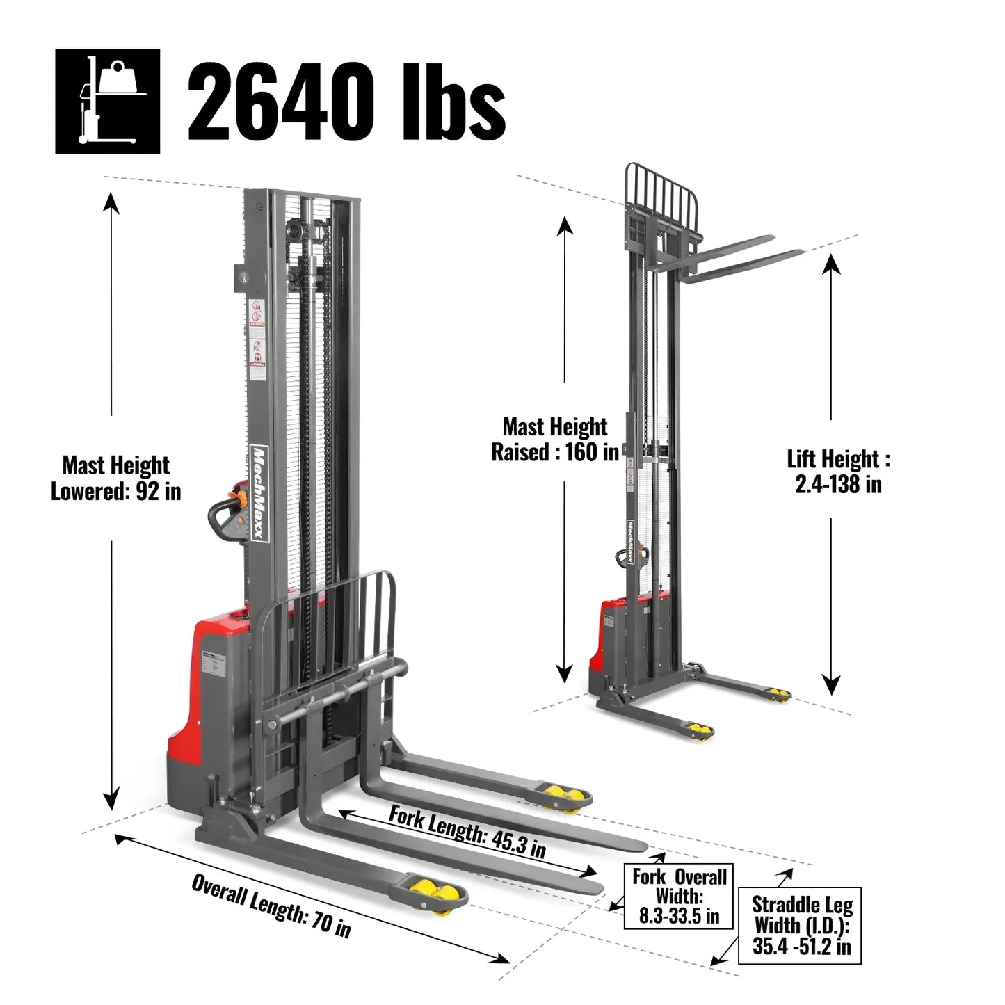 MechMaxx F26-138SLA Stacker 2640 lbs Electric Straddle 138" Lift Adjustable Legs Forks New