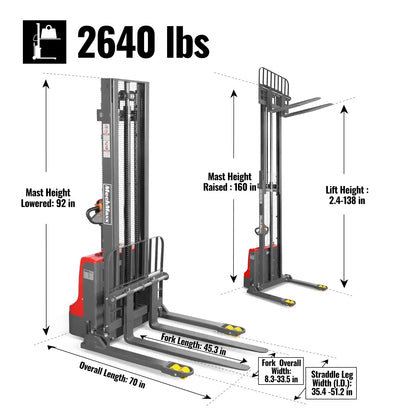 MechMaxx F26-138SLA Stacker 2640 lbs Electric Straddle 138" Lift Adjustable Legs Forks New