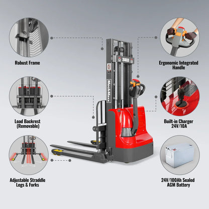 MechMaxx F26-98SLA Stacker 2640 lbs Electric Straddle 98" Lift Adjustable Legs Forks New