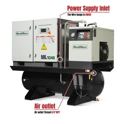 MechMaxx ML1046 Rotary Screw Air Compressor 10HP Combined with Dryer 66-Gal ASME Tank 32 CFM 116 PSI 460V 3-Phase Industrial Grade New