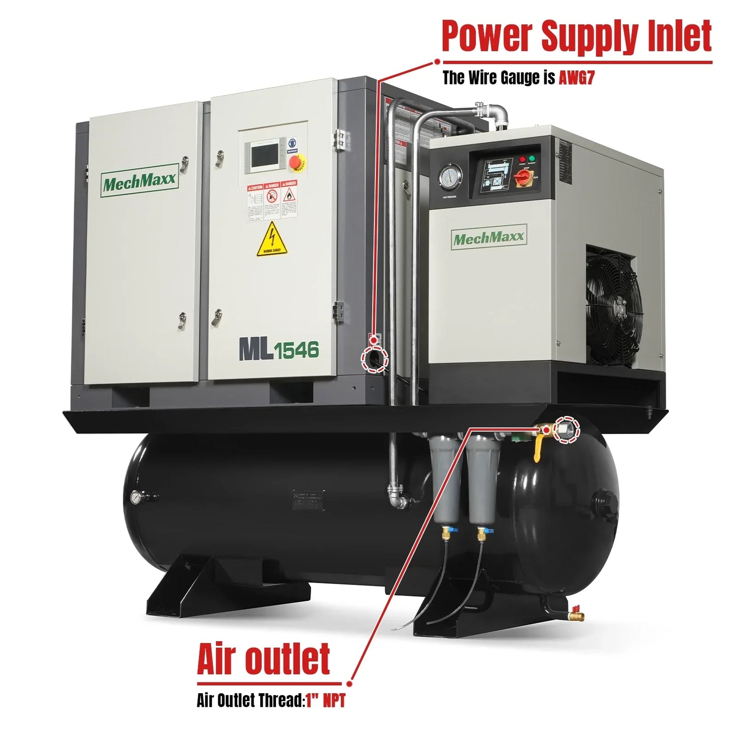 MechMaxx ML1546 Rotary Screw Air Compressor 15HP Combined with Dryer 105-Gal ASME Tank 45 CFM 116 PSI 460V 3-Phase Industrial Grade New