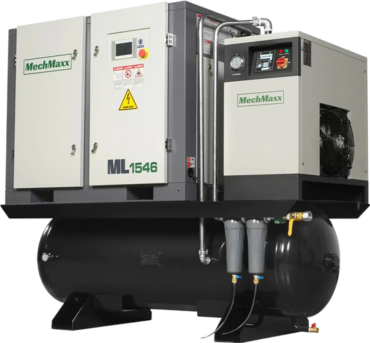 MechMaxx ML1546 Rotary Screw Air Compressor 15HP Combined with Dryer 105-Gal ASME Tank 45 CFM 116 PSI 460V 3-Phase Industrial Grade New