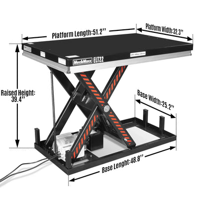 MechMaxx ELT22 Lift Table 2200 lbs Capacity Stationary Electric Hydraulic 51.2 x 32.3" Platform 39.4" Lift Height UL Certified Motor New