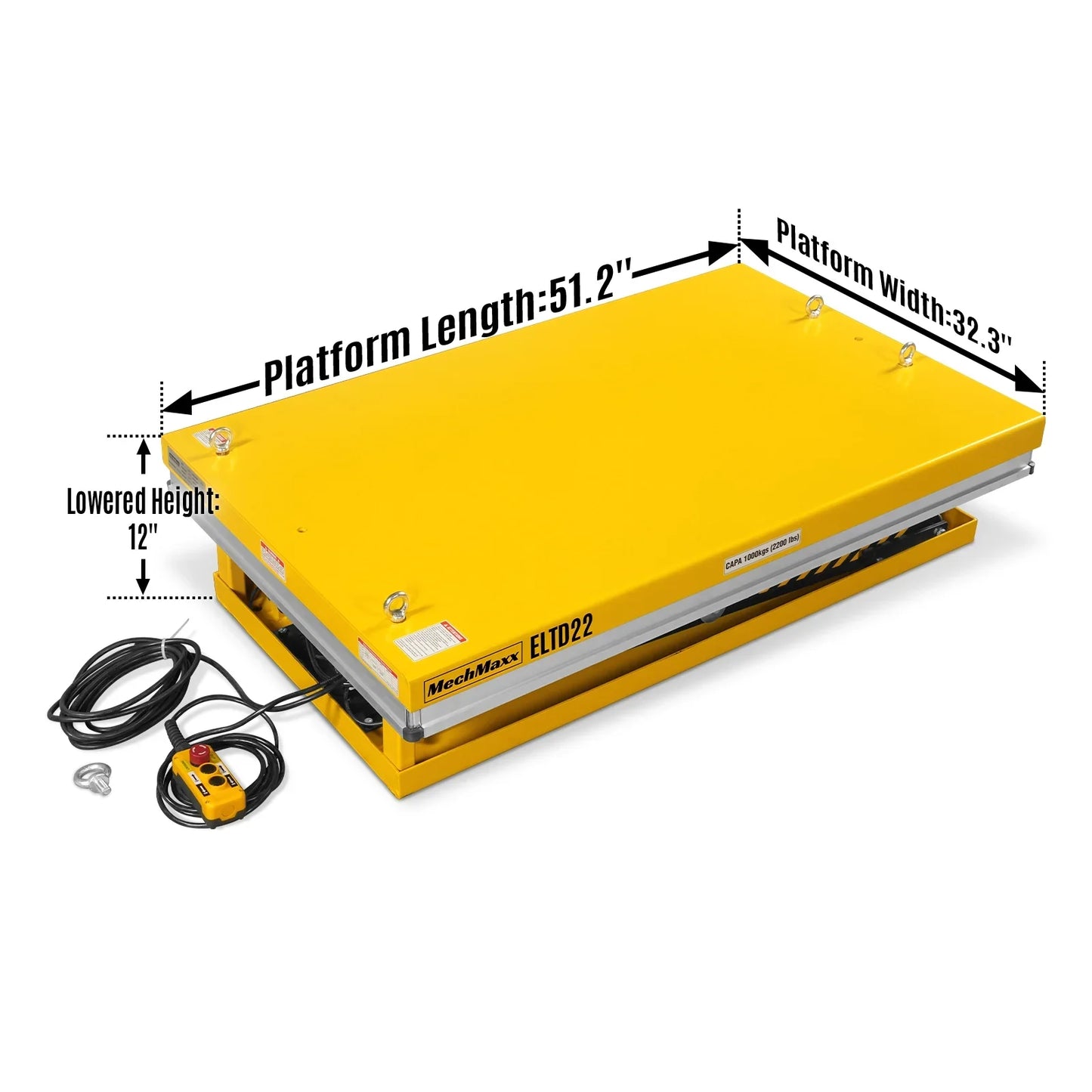 MechMaxx ELTD22 Lift Table 2200 lbs Capacity Stationary Electric Hydraulic Double Scissor 51.2" x 32.3" Platform 70.1" Lift Height UL Certified Motor New