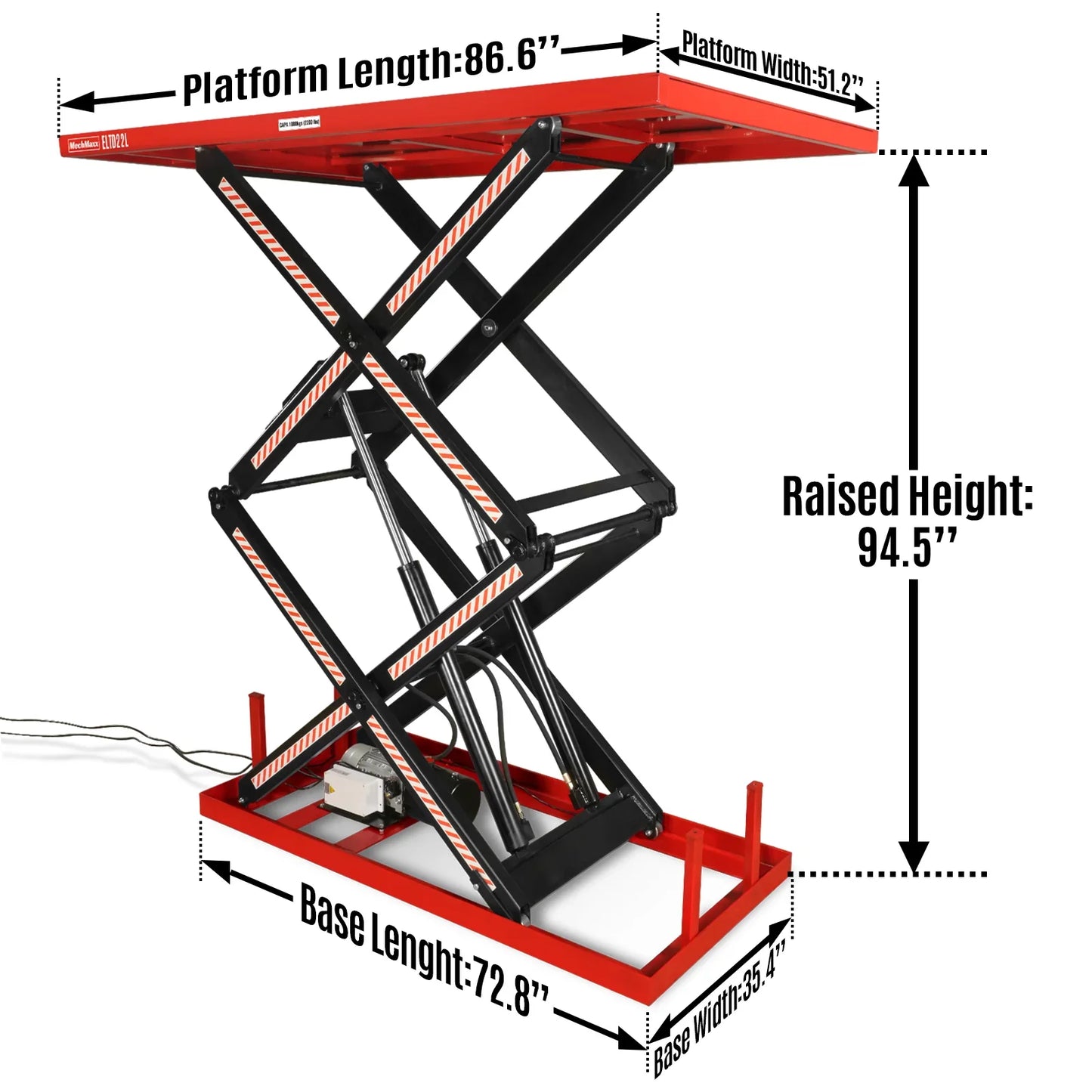 MechMaxx ELTD22L Lift Table 2200 lbs Capacity Stationary Powered Hydraulic Double Scissor 86.6" x 51.2" Platform 94.5" Lift Height UL Certified Motor New