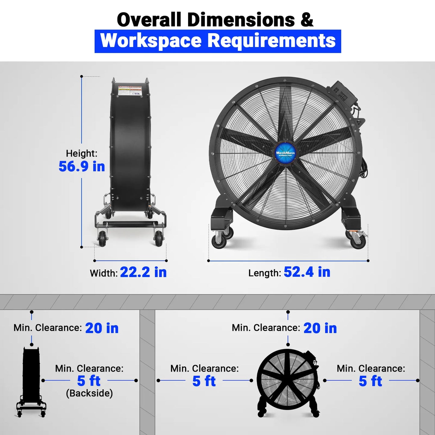 MechMaxx MF-47 Industrial Fan 47" Portable Variable Speed High-Efficiency PMSM Motor Mobile High Volume Floor Fan for Warehouse Workshop Gym New