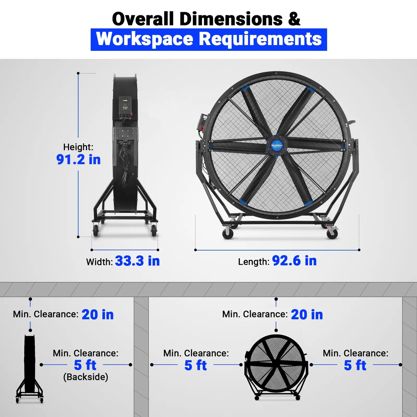 MechMaxx MF-79T Industrial Fan 79" Portable Tiltable Mobile High Volume Floor Fan Variable High-Efficiency PMSM Motor for Warehouse Workshop Gym New