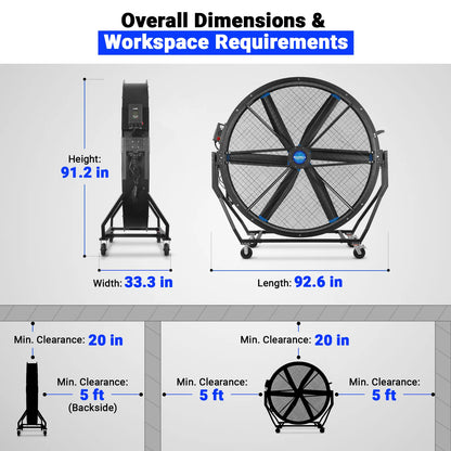 MechMaxx MF-79T Industrial Fan 79" Portable Tiltable Mobile High Volume Floor Fan Variable High-Efficiency PMSM Motor for Warehouse Workshop Gym New