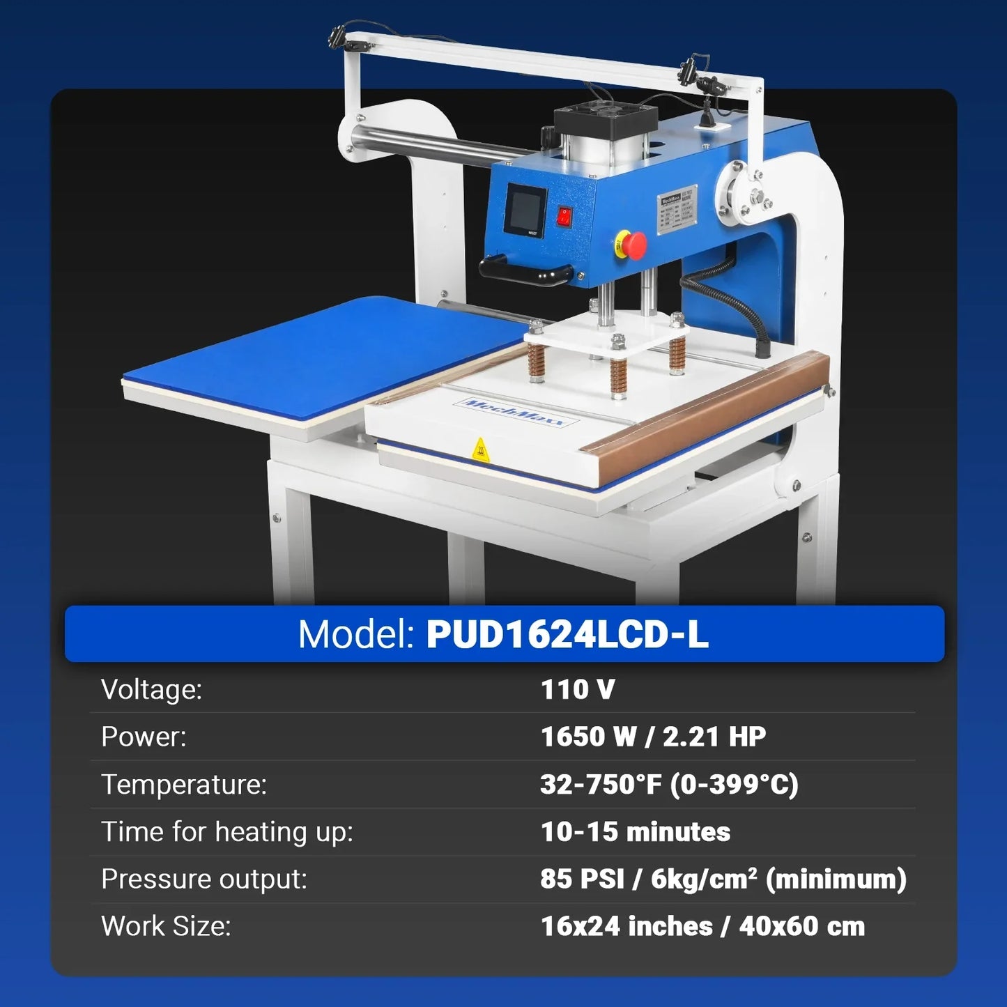 MechMaxx PUD1624LCD-L Heat Press 16x24" Commercial Pneumatic Dual Platen Infrared Positioning Auto Lift Sublimation Transfer Machine Full Touch LCD Screen 110V 2.2HP New