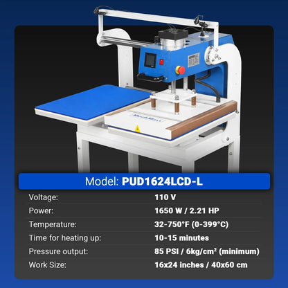 MechMaxx PUD1624LCD-L Heat Press 16x24" Commercial Pneumatic Dual Platen Infrared Positioning Auto Lift Sublimation Transfer Machine Full Touch LCD Screen 110V 2.2HP New