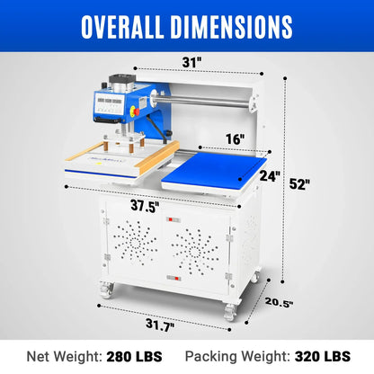 MechMaxx PUD1624-C Heat Press 16x24" Commercial Pneumatic Dual Platen Auto Lift Sublimation Transfer Machine with Storage Base Cabinet 110V 1650W New