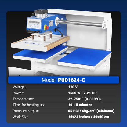 MechMaxx PUD1624-C Heat Press 16x24" Commercial Pneumatic Dual Platen Auto Lift Sublimation Transfer Machine with Storage Base Cabinet 110V 1650W New