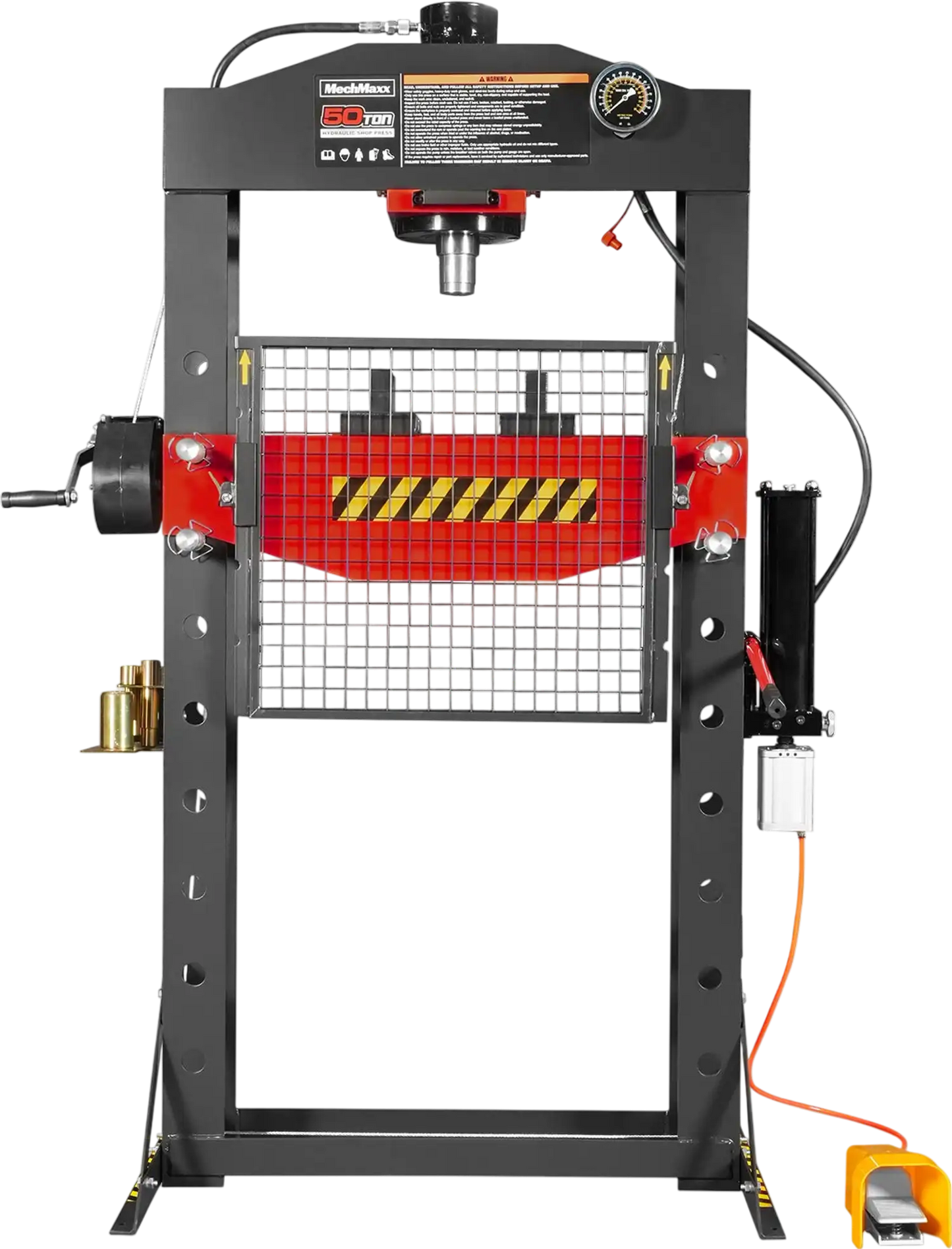 MechMaxx HSP50 Hydraulic Shop Press 50 Ton H-Frame Air/Hydraulic with Hand Winch Press Pin Kit Safety Guard Foot Pedal Control New