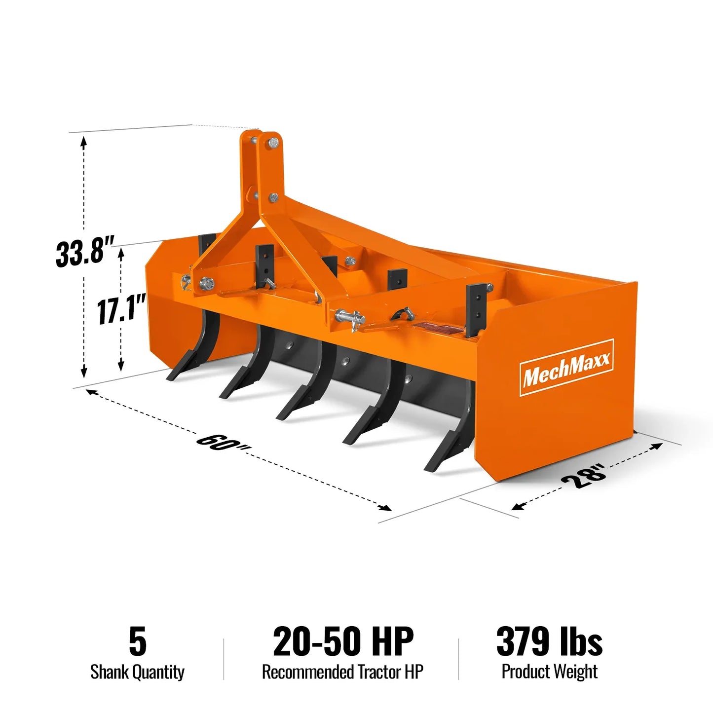 MechMaxx BB60 Box Blade Scraper 60" 5 Shank 3 Point Hitch Tractor Attachment New