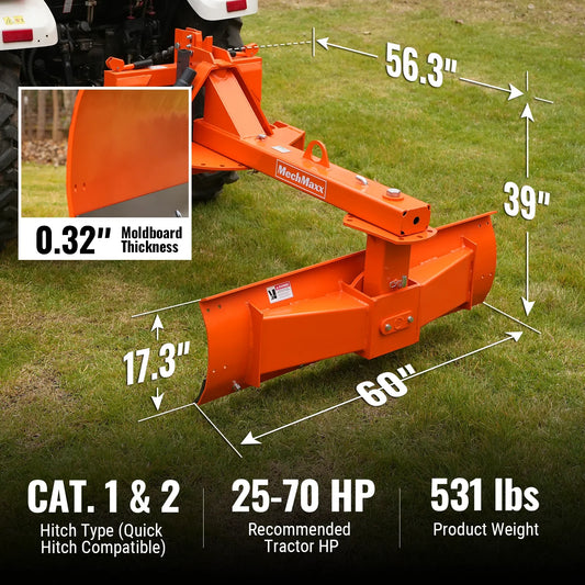 MechMaxx RB60SE Tractor Attachment 60" Heavy Duty 6-Way Rear Blade 3 Point Hitch New