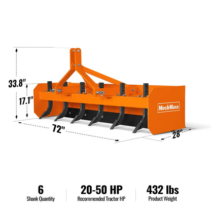 MechMaxx BB72 Box Blade Scraper 72" 6 Shanks 3 Point Hitch Tractor Attachment New