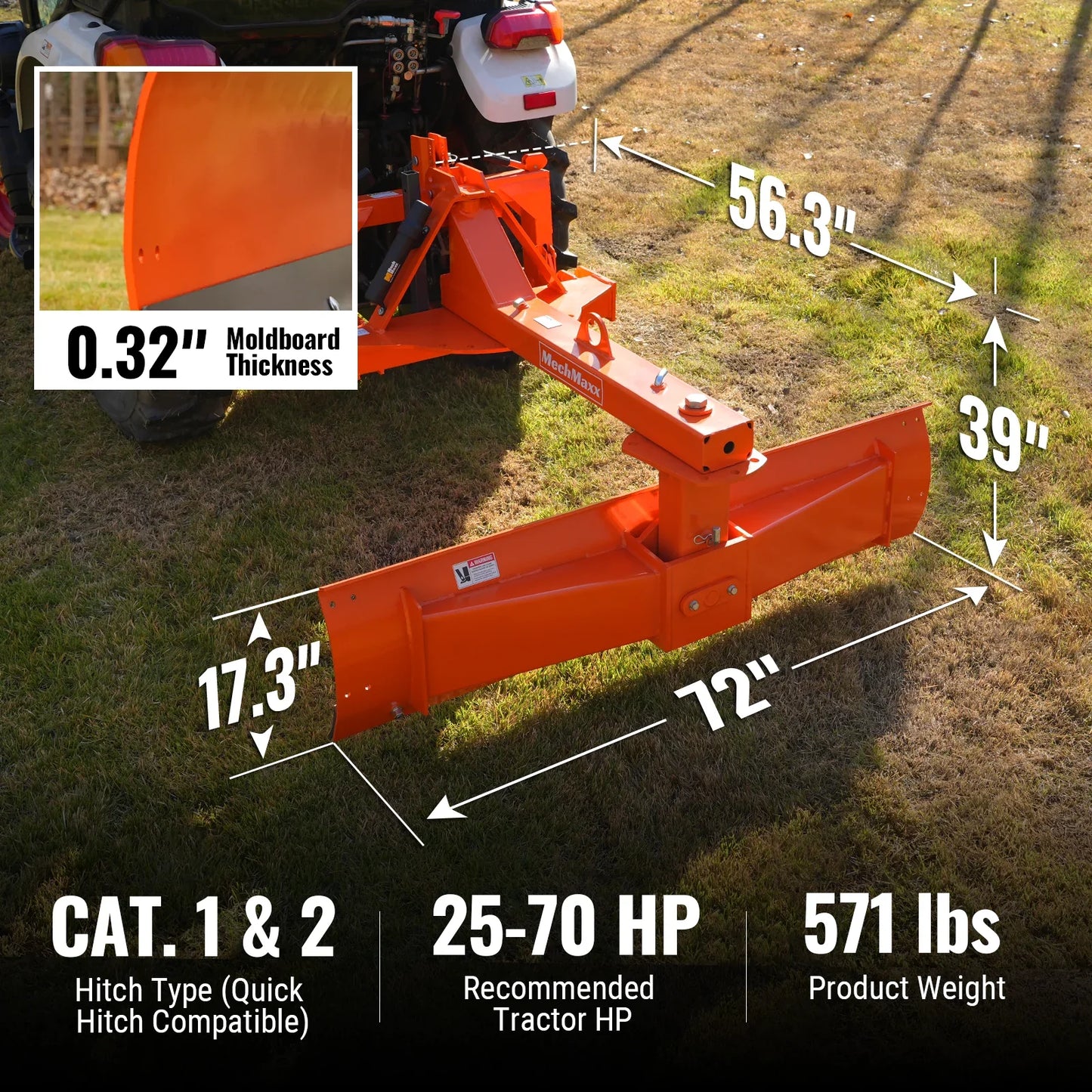 MechMaxx RB72SE Rear Blade 72" Heavy Duty 6-Way 3 Point Hitch Tractor Attachment New