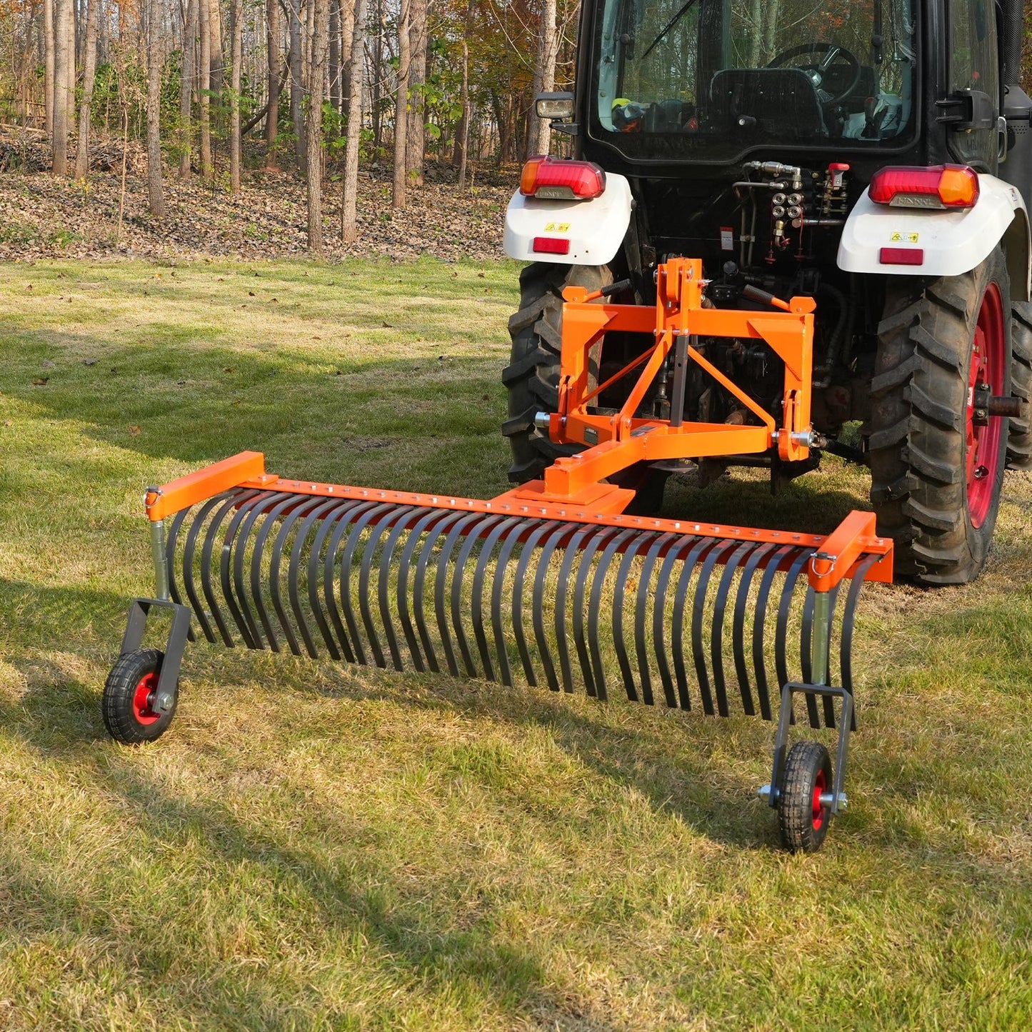 MechMaxx LR72W Landscape Rake 72" Bolt-On Wheels 36 Tines 3 Point Hitch Tractor Attachment New