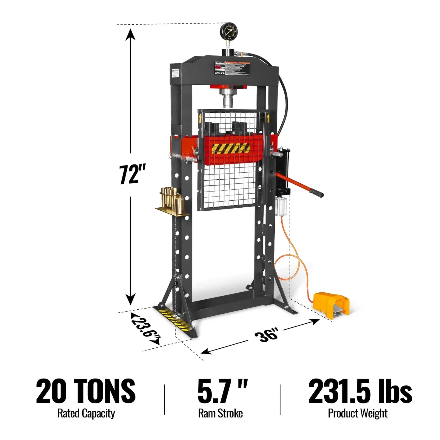 MechMaxx HSP20 Hydraulic Shop Press 20 Ton H-Frame Air/Hydraulic with Press Pin Kit Safety Guard Foot Pedal Control New