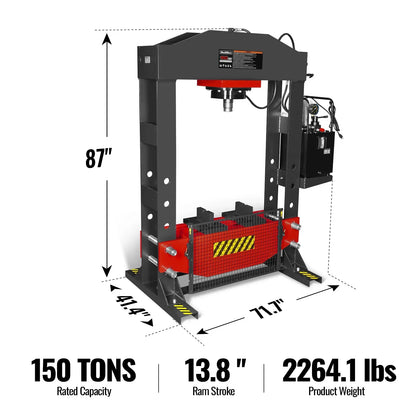 MechMaxx HSP150E Hydraulic Shop Press 150 Ton H-Frame Electric Double-Acting Cylinder Chain-Driven Table Lift 110V Motor Safety Guard New