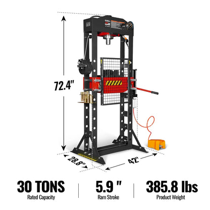 MechMaxx HSP30 Hydraulic Shop Press 30 Ton H-Frame Air/Hydraulic with Hand Winch Press Pin Kit Safety Guard Foot Pedal Control New