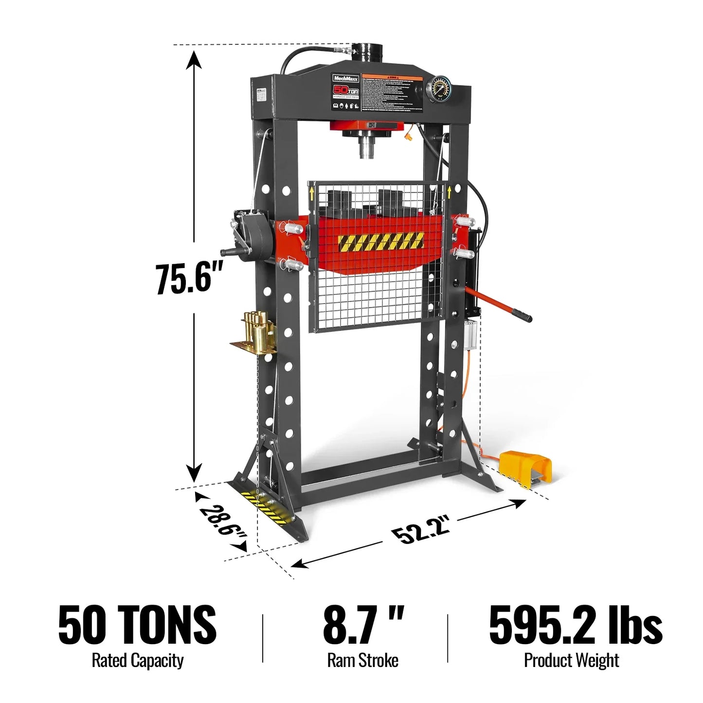 MechMaxx HSP50 Hydraulic Shop Press 50 Ton H-Frame Air/Hydraulic with Hand Winch Press Pin Kit Safety Guard Foot Pedal Control New