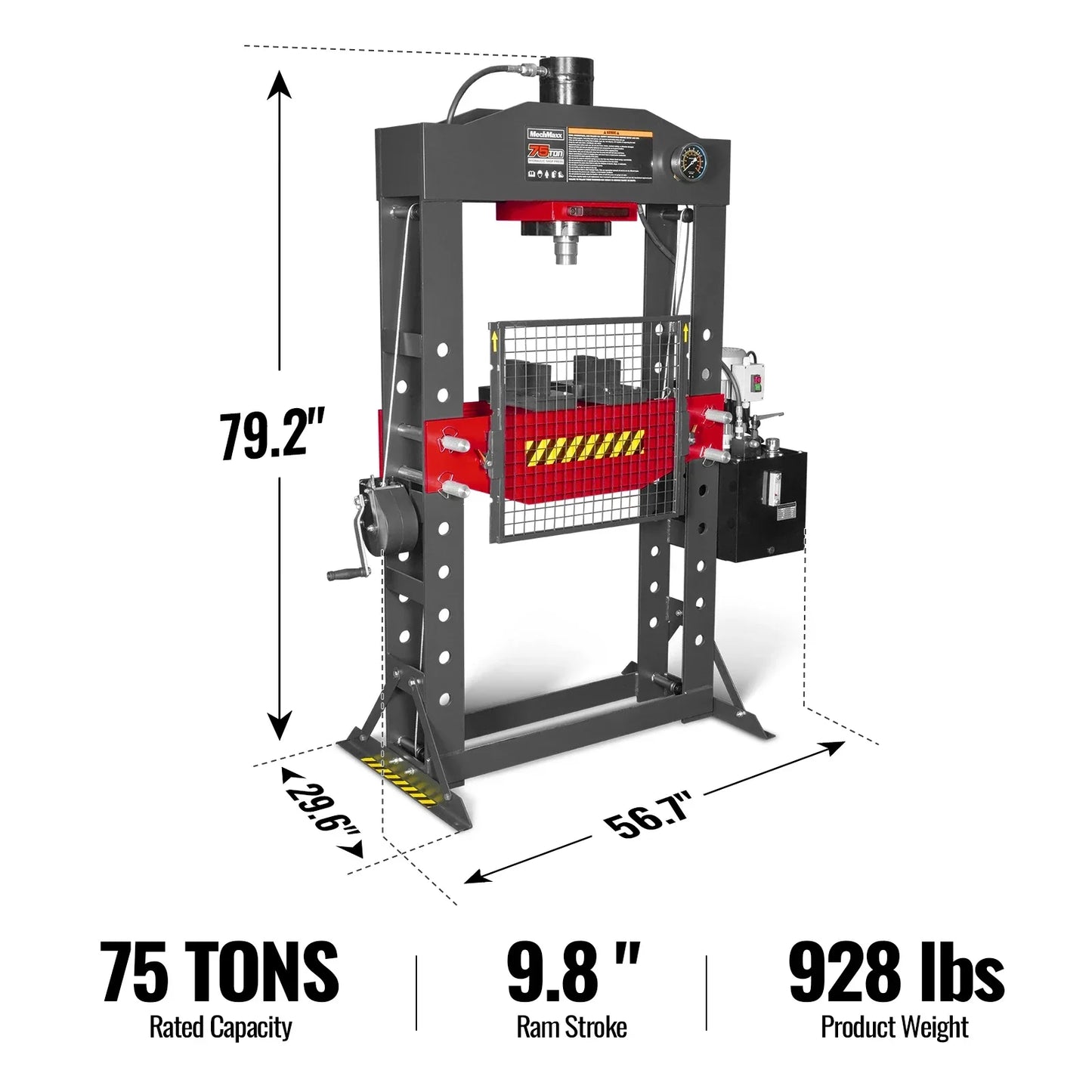 MechMaxx HSP75E Hydraulic Shop Press 75 Ton H-Frame Electric Hydraulic with Hand Winch 110V Motor Safety Guard New