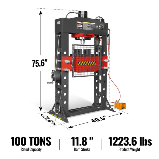 MechMaxx HSP100 Hydraulic Shop Press 100 Ton H-Frame Air/Hydraulic Hand Winch Foot Pedal Safety Guard Fully Welded Steel Frame New