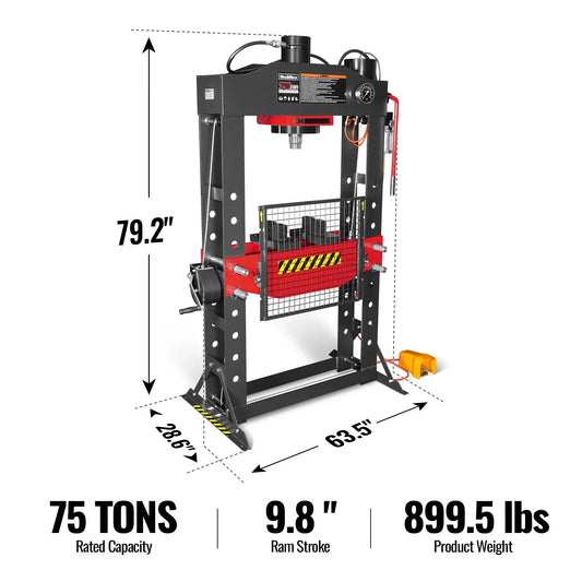 MechMaxx HSP75 Hydraulic Shop Press 75 Ton H-Frame Air/Hydraulic with Hand Winch Safety Guard Foot Pedal Control New