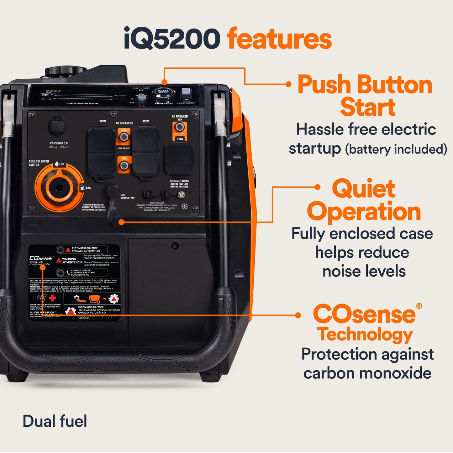 Generac iQ5200 DF 8945 3900W/5200W Generator Dual Fuel Gas Propane Low THD Inverter COSense Electric Start