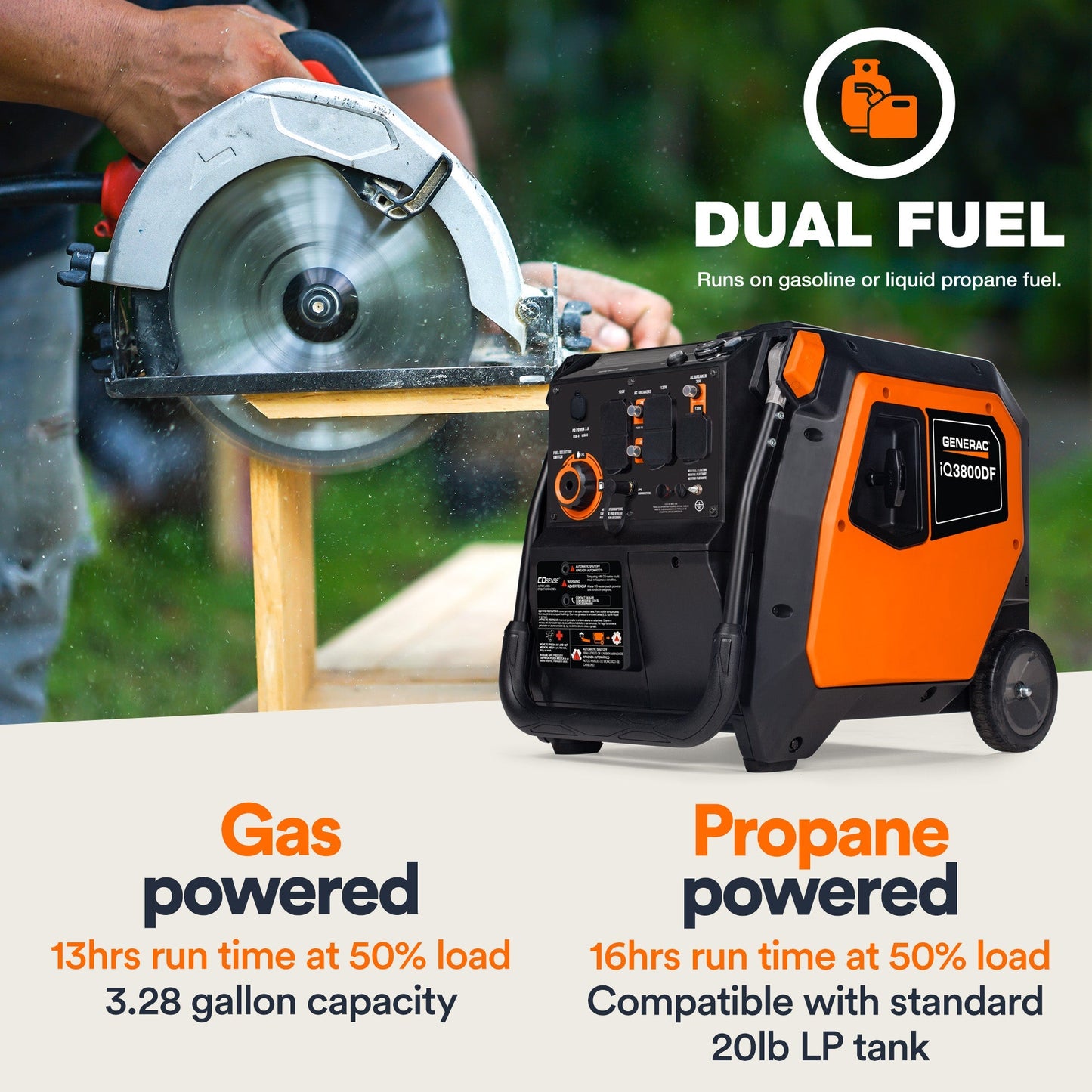 Generac iQ3800 DF 8944 3000W/3800W Generator Dual Fuel Gas Propane Low THD Inverter COSense Electric Start