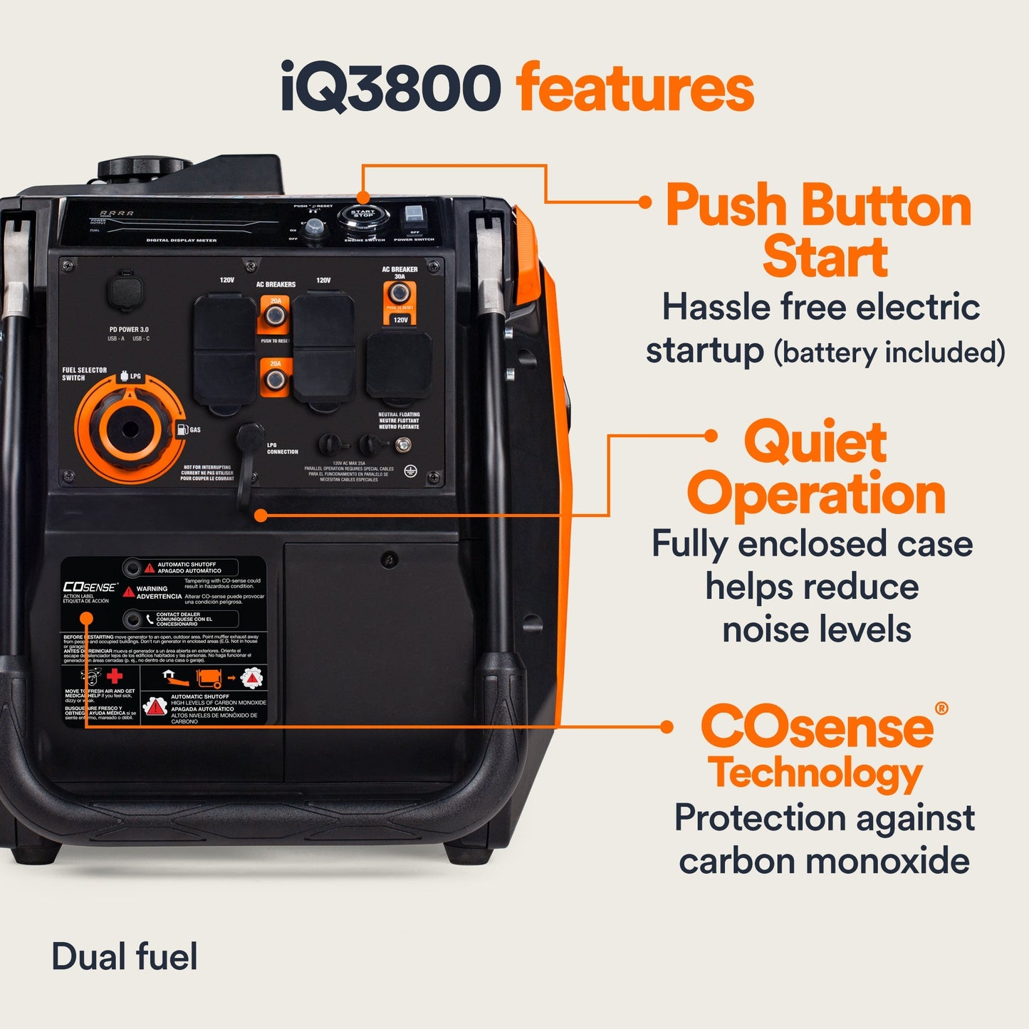 Generac iQ3800 DF 8944 3000W/3800W Generator Dual Fuel Gas Propane Low THD Inverter COSense Electric Start