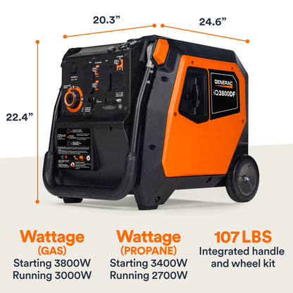 Generac iQ3800 DF 8946 3000W/3800W Generator Dual Fuel Gas Propane Low THD Inverter CO Sense Electric Start CARB