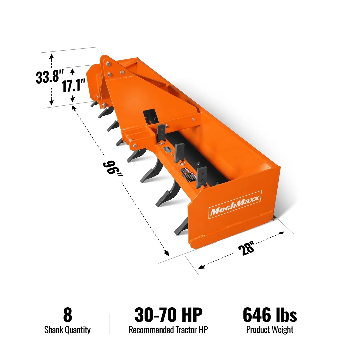 MechMaxx BB96 Box Blade Scraper 96" 8 Shank 3 Point Hitch Tractor Attachment New
