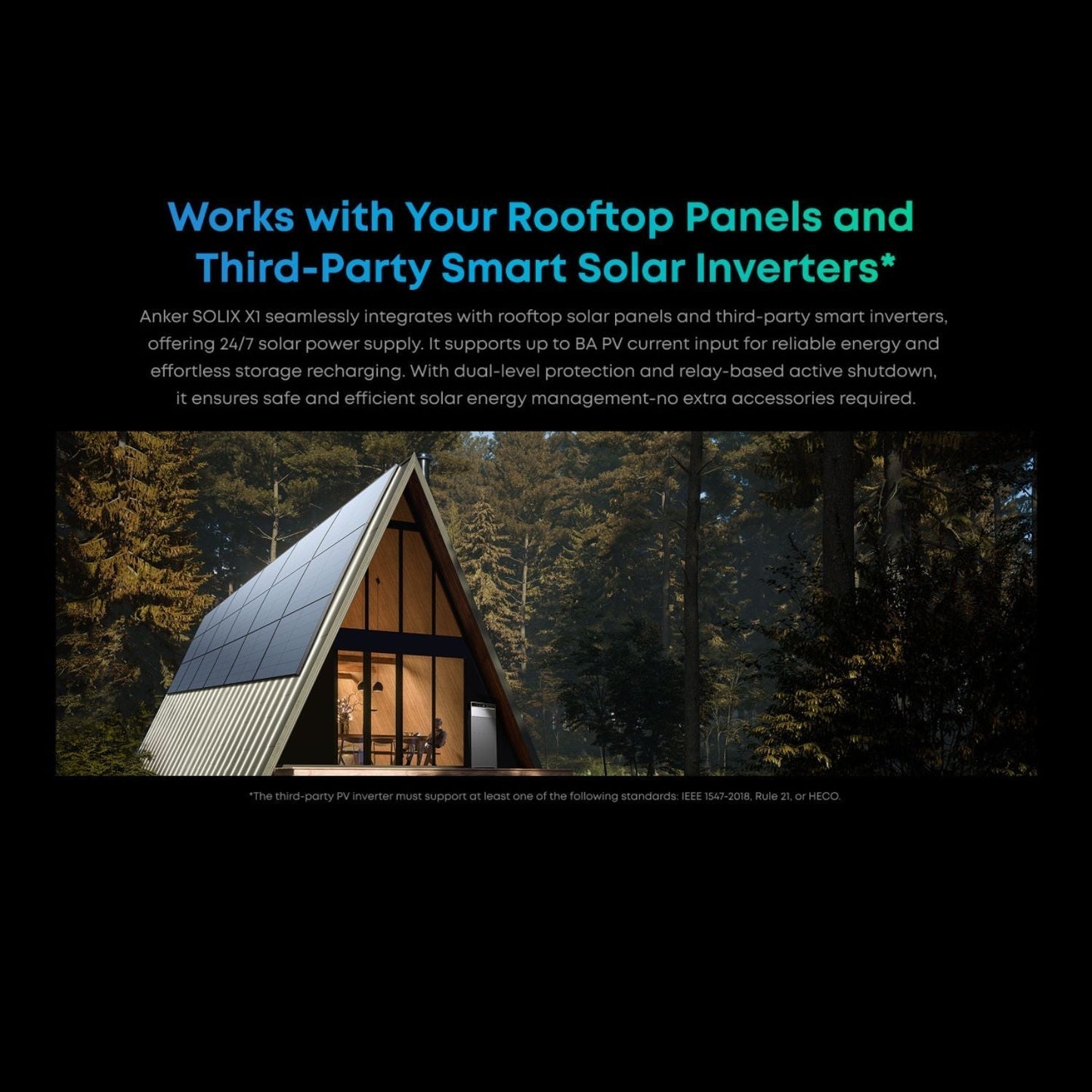 A-frame cabin with solar panels on roof and text about rooftop panels and Anker SOLIX X1 Home Energy Storage System