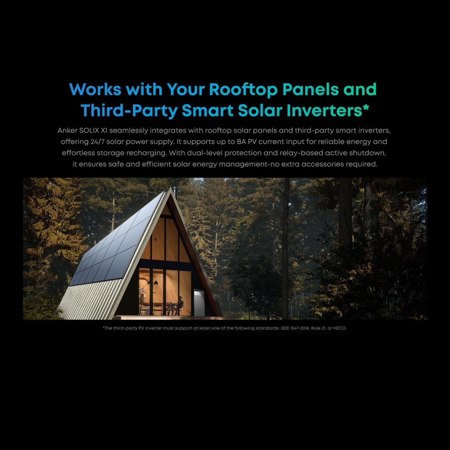 A-frame cabin with solar panels on roof and text about rooftop panels and Anker SOLIX X1 Home Energy Storage System