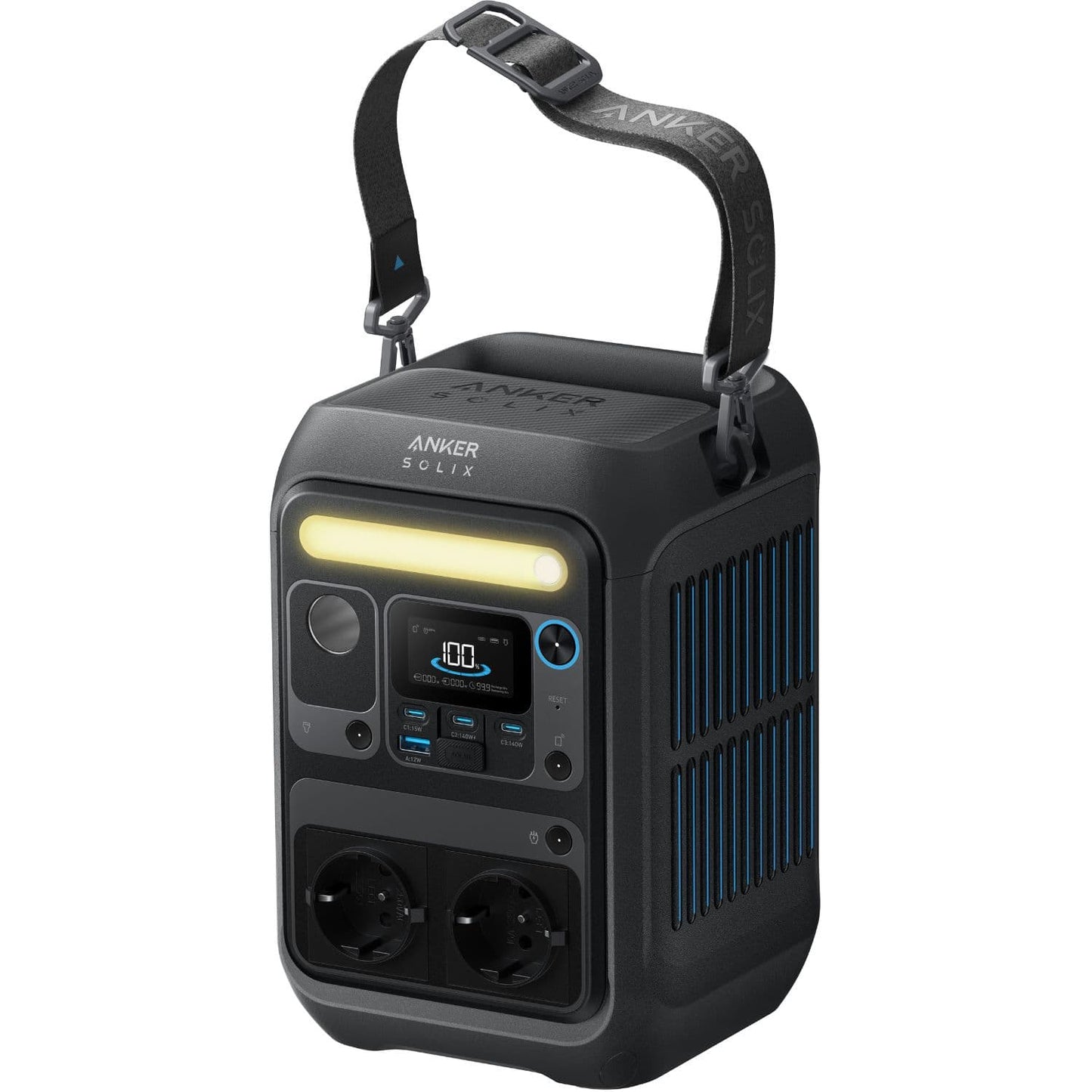 Anker SOLIX C300X Portable Power Station Front And Right View With Shoulder Strap
