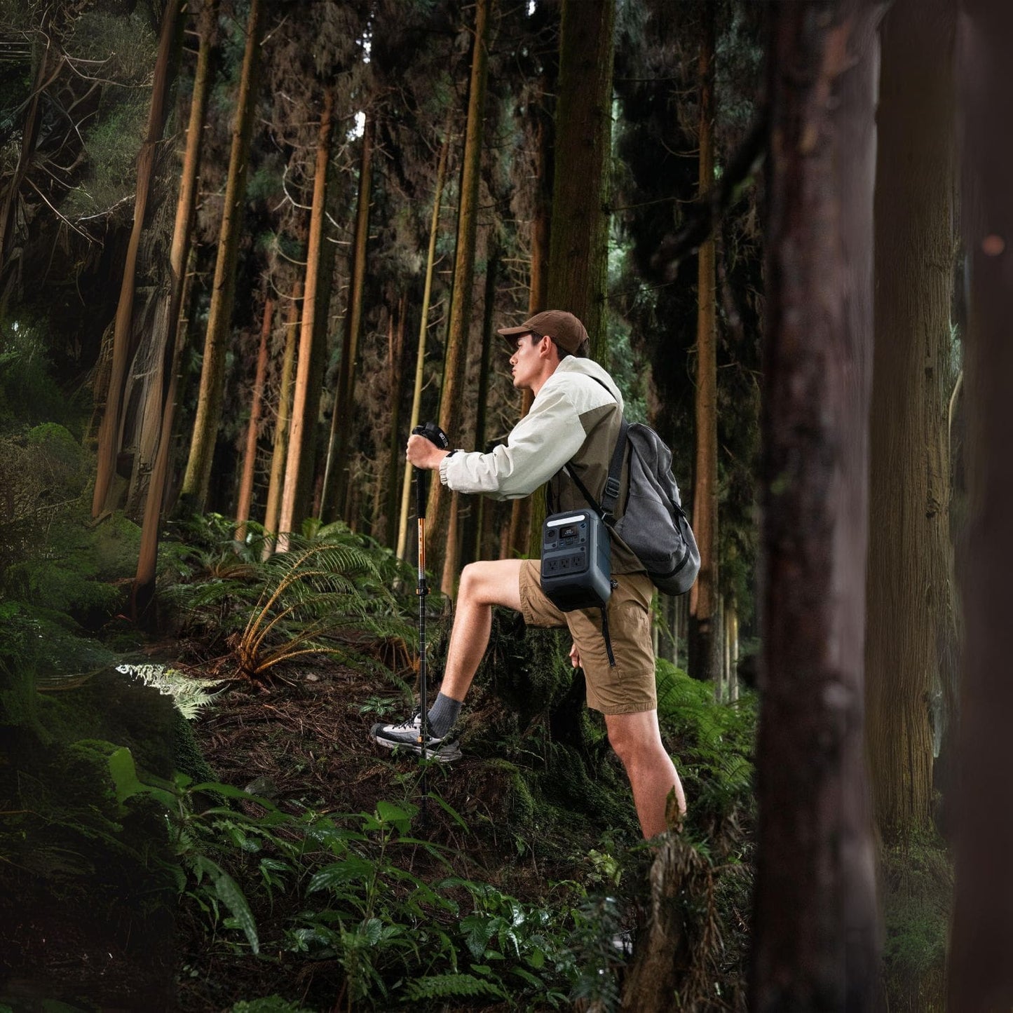 Anker SOLIX C300X Portable Power Station wit a man carrying in the forest