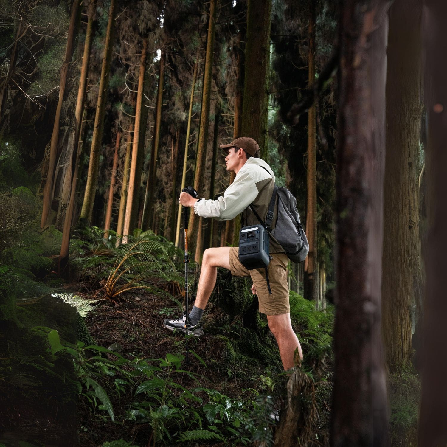 Anker SOLIX C300X Portable Power Station wit a man carrying in the forest